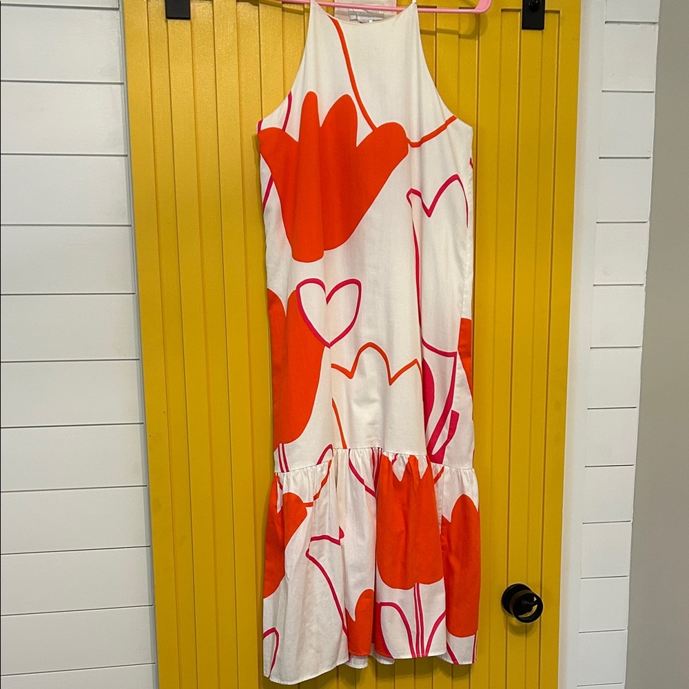 Vibrant Orange and White Midi Dress